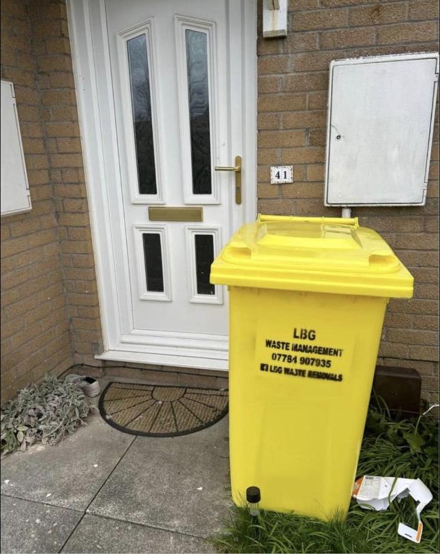 Domestic Bin Hire A yellow LBG wheelie bin delivered to a customer doorstep